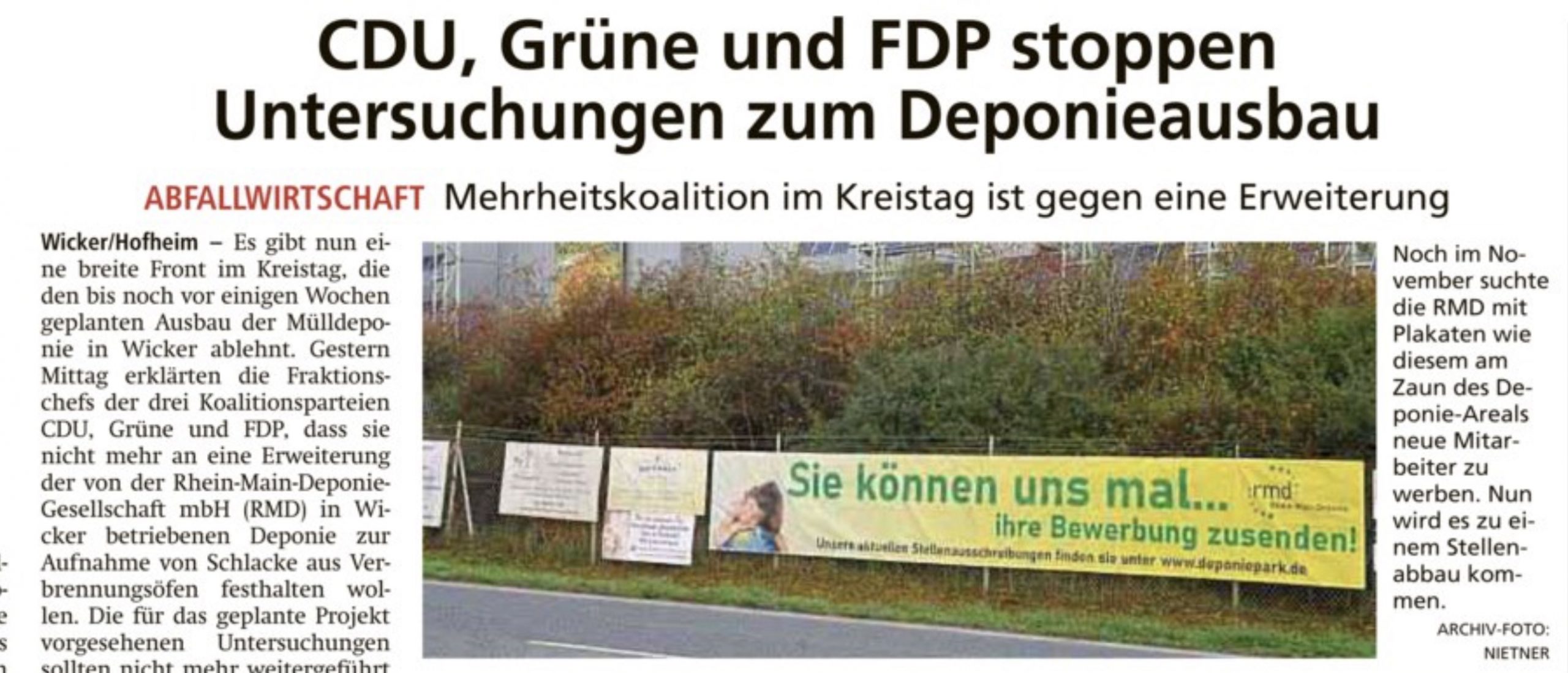 CDU, Grüne und FDP stoppen Untersuchungen zum Deponieausbau