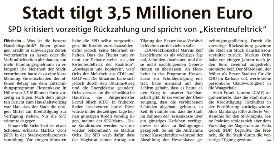 Höchster Kreisblatt: „Stadt tilgt 3,5 Millionen Euro“